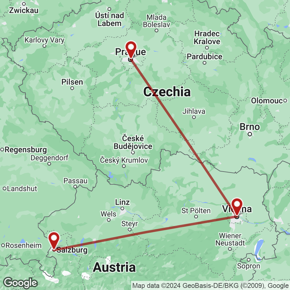 Route for Prague, Vienna, Salzburg tour